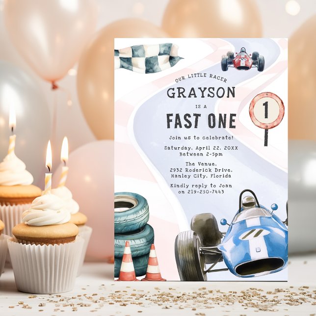 Invitation Thème de fête d'anniversaire 1 an de voiture de co (Créateur téléchargé)