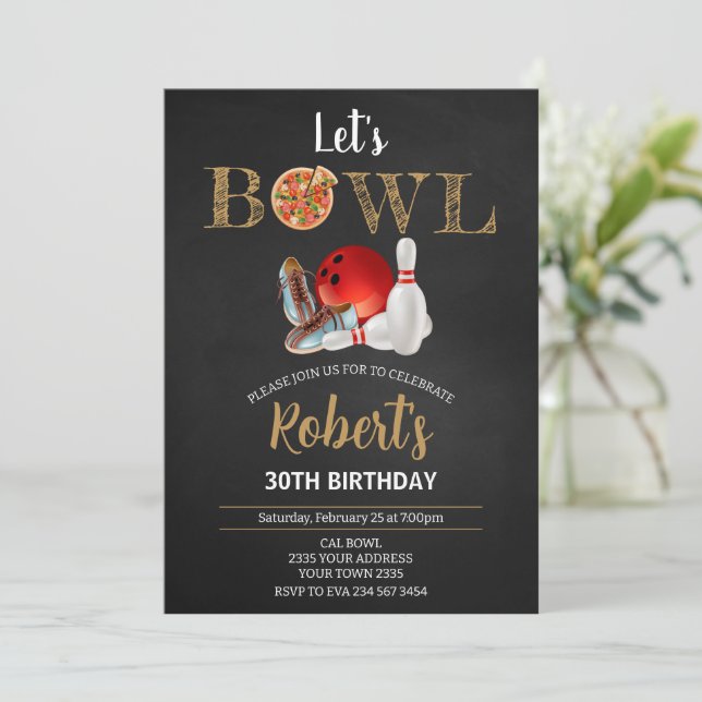 Invitation Thème de fête d'anniversaire Bowling et Pizza (Debout devant)
