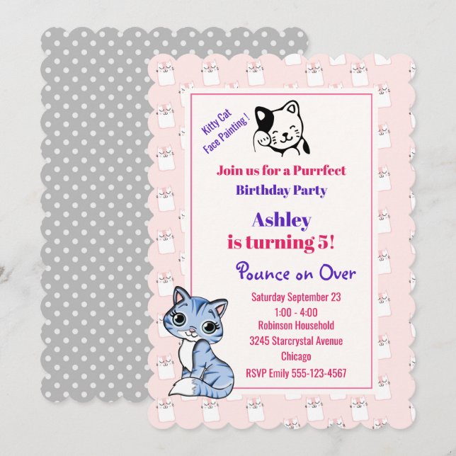 Invitation Thème de fête d'anniversaire chaton rose (Devant / Derrière)