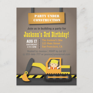 Invitation Thème de fête d'anniversaire Construction de pelle