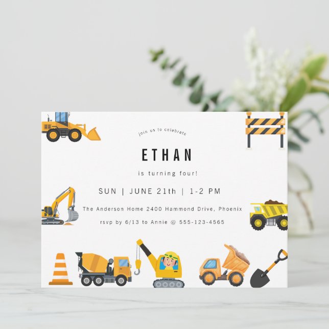 Invitation Thème de fête d'anniversaire Construction pour gar (Debout devant)