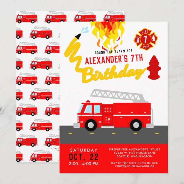 Invitation Thème de fête d'anniversaire de camion de pompiers (Devant / Derrière)