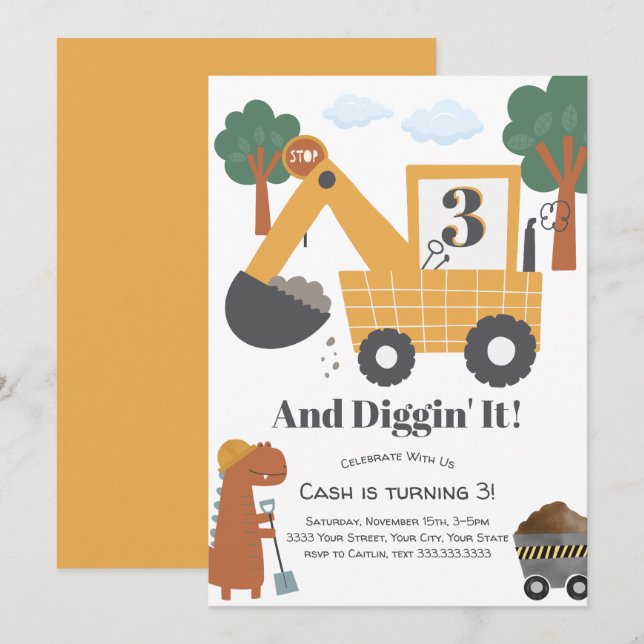 Invitation Thème de fête d'anniversaire "Diggin' It Construct (Devant / Derrière)