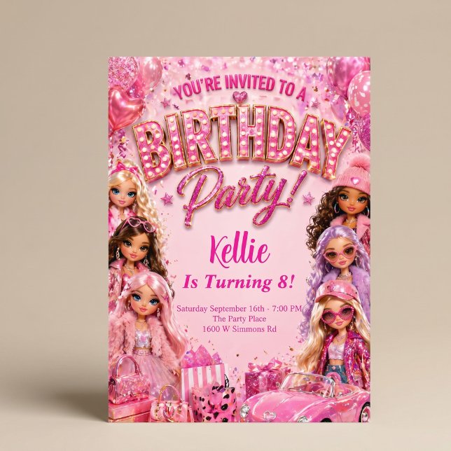 Invitation Thème de fête d'anniversaire Glam Doll Party (Créateur téléchargé)