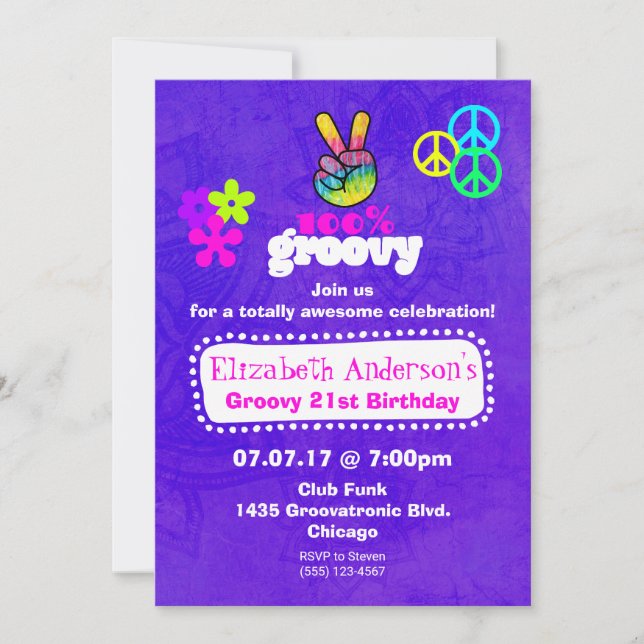 Invitation Thème de fête d'anniversaire Hippie Groovy (Devant)
