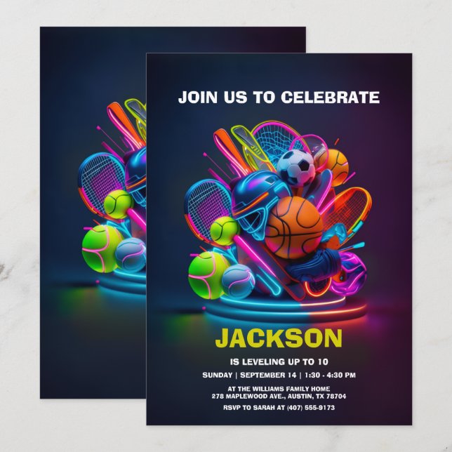 Invitation Thème de fête d'anniversaire Neon Sports (Devant / Derrière)