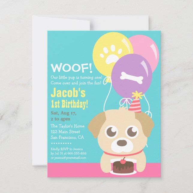 Invitation Thème de fête d'anniversaire pour enfants : chiot  (Devant)