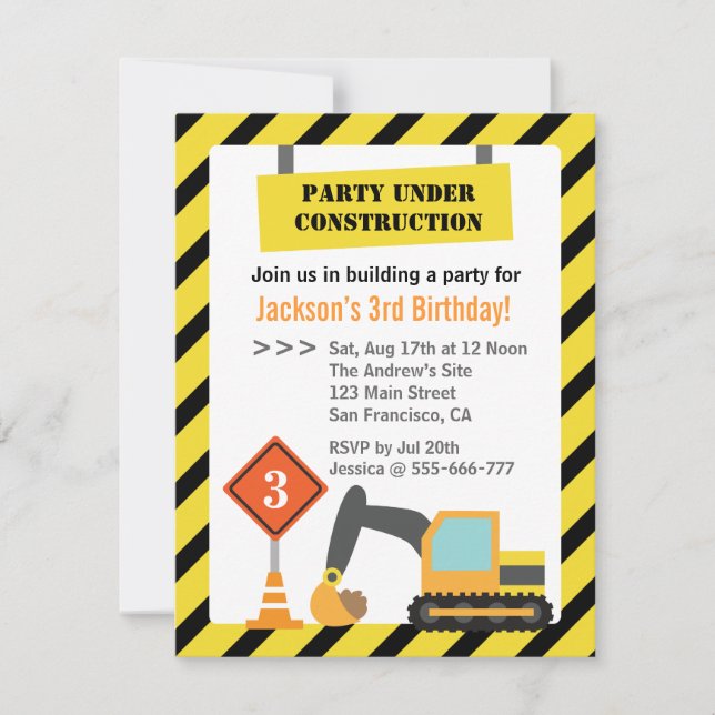 Invitation Thème de fête d'anniversaire pour enfants : excava (Devant)