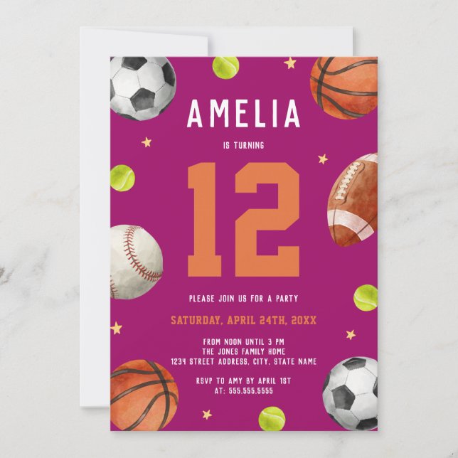 Invitation Thème de fête d'anniversaire pour filles sportive  (Devant)