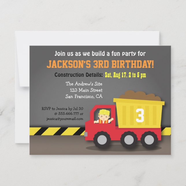 Invitation Thème de fête d'anniversaire pour un camion à benn (Devant)