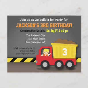 Invitation Thème de fête d'anniversaire pour un camion à benn