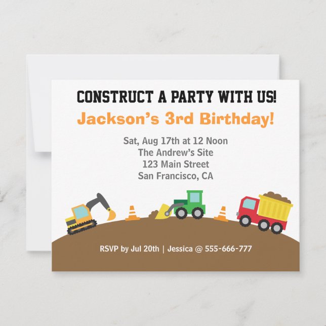 Invitation Thème de fête d'anniversaire Véhicules de construc (Devant)