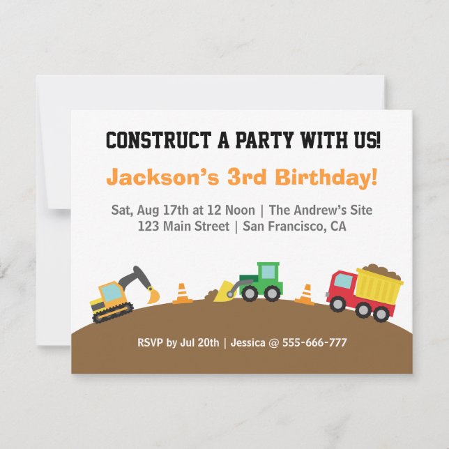 Invitation Thème de fête d'anniversaire Véhicules de construc (Devant)