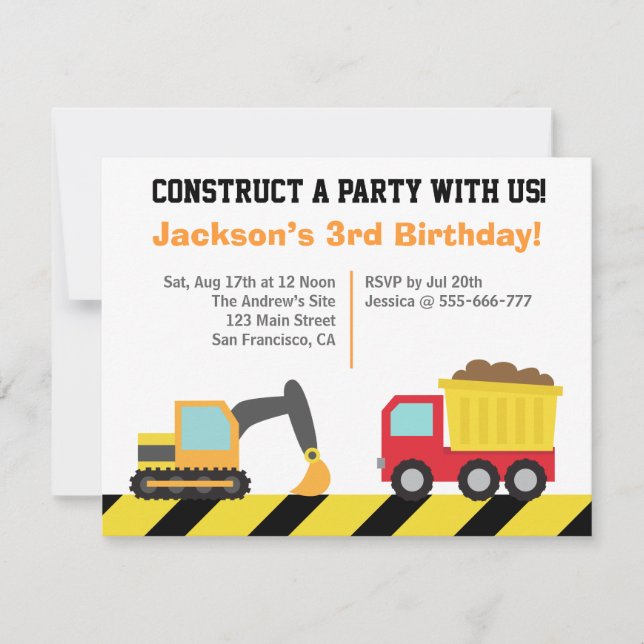 Invitation Thème de fête d'anniversaire Véhicules de construc (Devant)