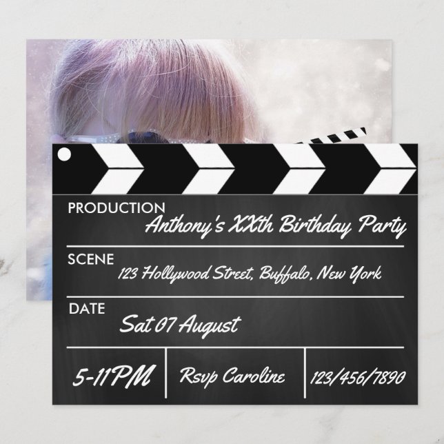 Invitation Thème de fête de cinéma Hollywood Tableau noir (Devant / Derrière)
