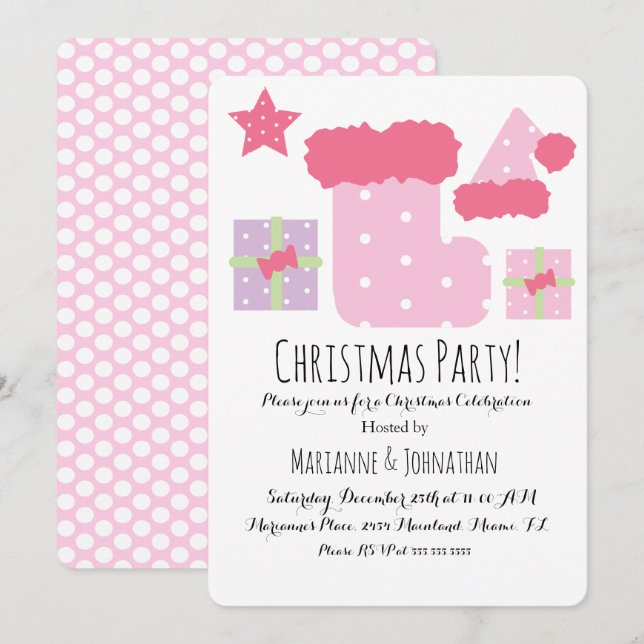 Invitation Thème de fête de Noël Mix Rose (Devant / Derrière)