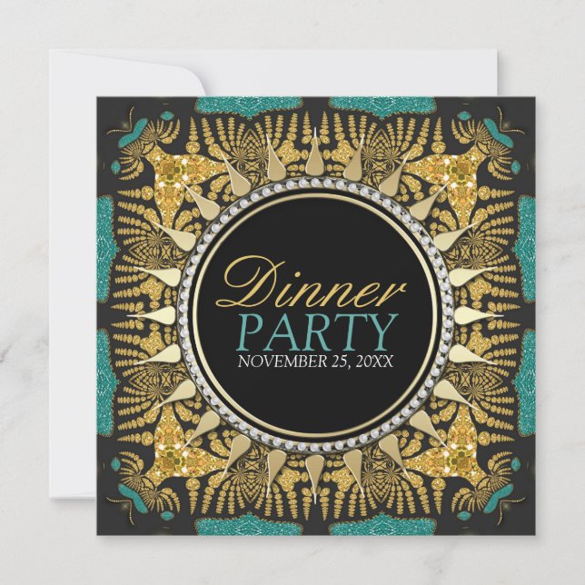 Invitation Thème de fête dinatoire Tribal Batik Sarcelle Or N (Devant)