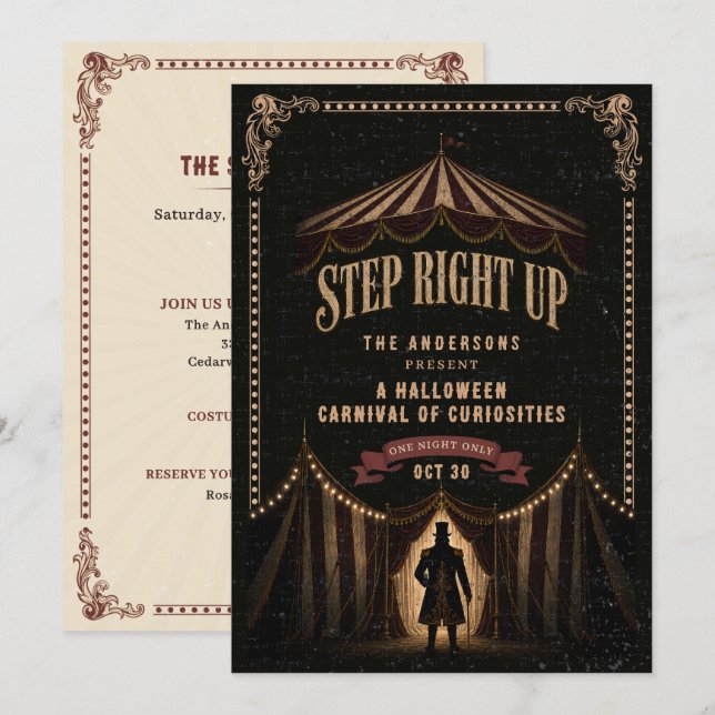 Invitation Thème de fête Halloween Dark Carnival Cirque Vinta (Devant / Derrière)