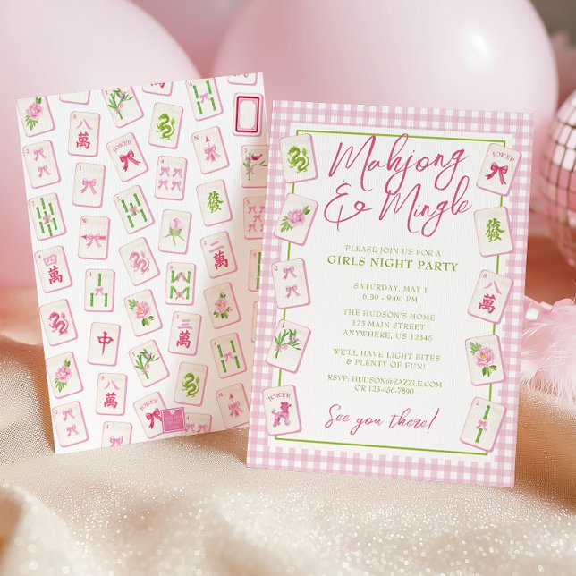 Invitation Thème de fête Mahjong Ruban Gingham Rose Aquarelle (Créateur téléchargé)