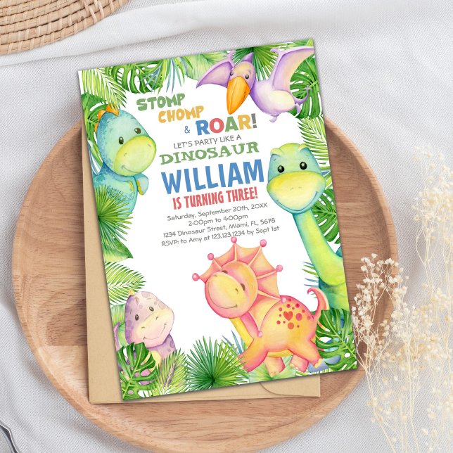 Invitation Thème de fête préhistorique pour enfants (Green watercolor Dinosaur Birthday Invitations)