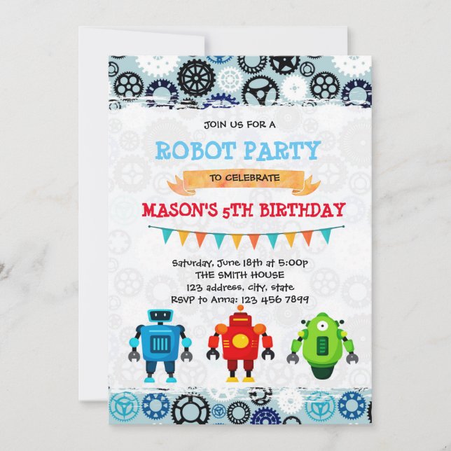 Invitation thème de fête robot mignon (Devant)
