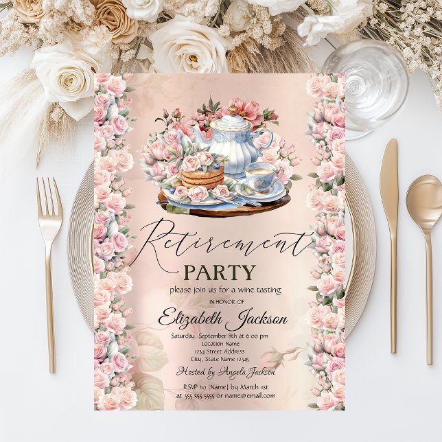 Invitation Thème de fête Tea Party Chic Roses Fête de retrait (Créateur téléchargé)