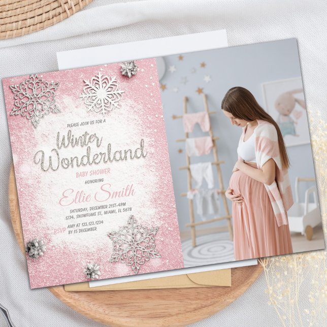 Invitation Thème de flocon de neige pour bébé fille (Pink Silver Glitter Winter Baby Shower Invitations)