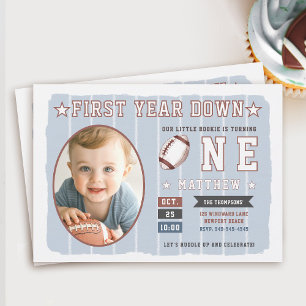 Invitation Thème de football Dusty Blue Stripes Garçon 1er an