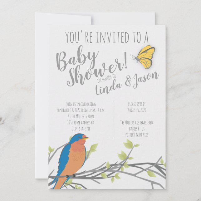 Invitation Thème de forêt  Baby Shower avec oiseau bleu et fe (Devant)