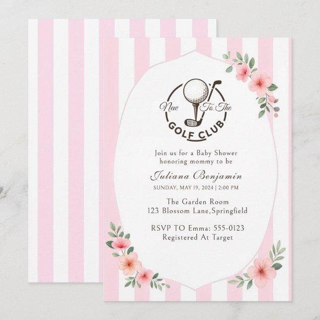 Invitation Thème de golf chic Fille florale rose Baby Shower  (Devant / Derrière)