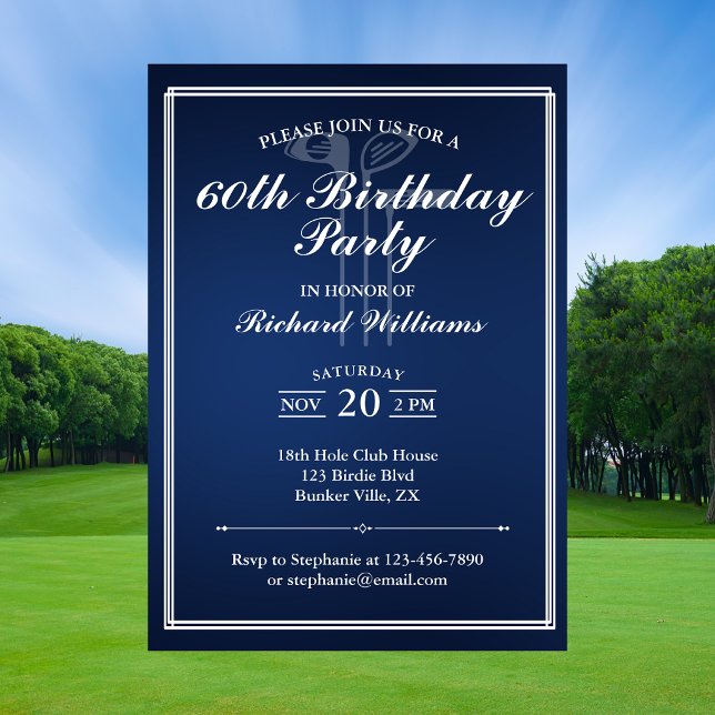 Invitation Thème de golf classique bleu blanc 60e anniversair (Créateur téléchargé)