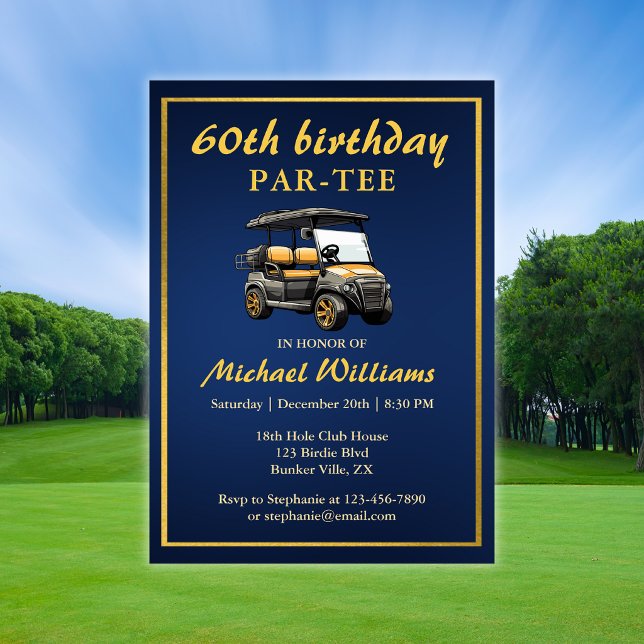 Invitation Thème de golf élégant Panier Bleu Or 60e Anniversa (Créateur téléchargé)