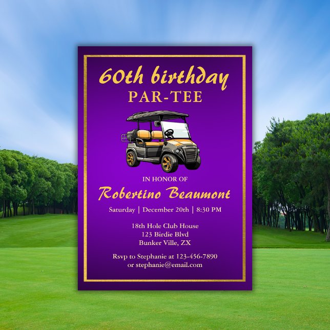 Invitation Thème de golf élégant Panier Violet Or 60e Anniver (Créateur téléchargé)