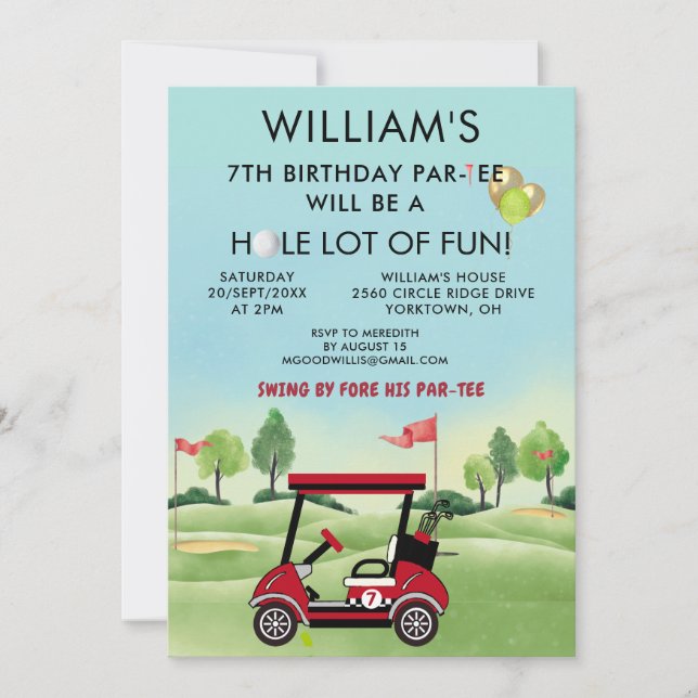 Invitation Thème de golf pour garçon 7ème anniversaire Par-Te (Devant)