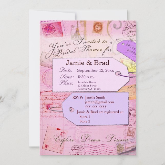 Invitation Thème de la Douche de voyage nuptiale rose et viol (Devant)