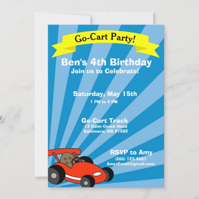 Invitation Thème de la fête d'anniversaire Go-Cart (Devant)