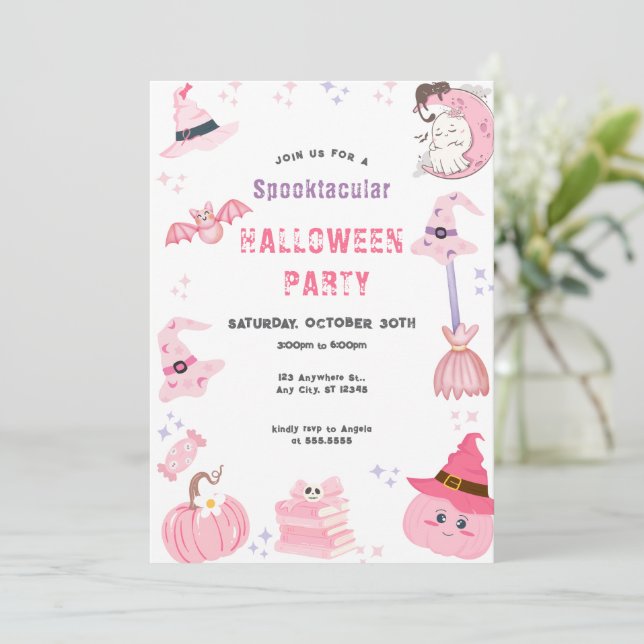Invitation Thème de la fête d'Halloween rose mignon (Debout devant)
