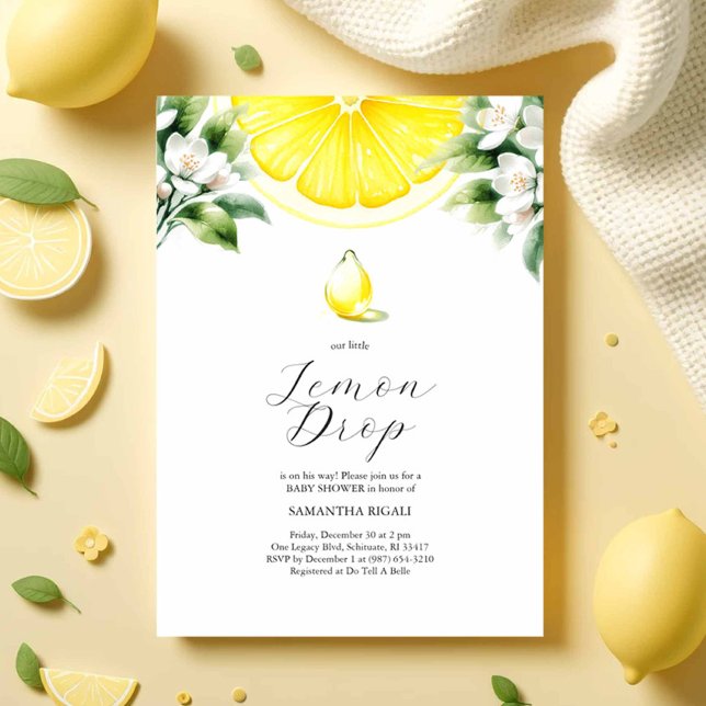 Invitation Thème de la goutte de citron bébé Douche Invitatio (lemon baby shower invitations features watercolor lemons and a drop for a citrus themed party)