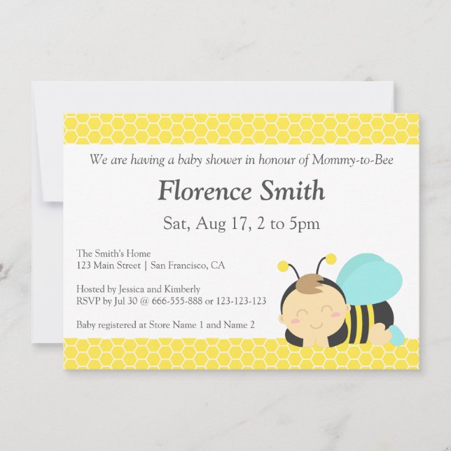 Invitation Thème de l'abeille à miel mignon, Fête de naissanc (Devant)