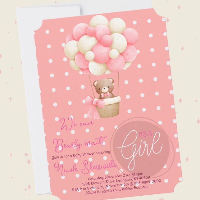 Invitation Thème de l'ours Peach Baby shower de ballon à air  (Bear Theme Pink Peach Hot Air Balloon Baby Shower Theme)
