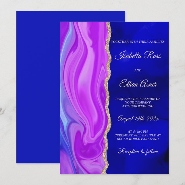 Invitation Thème de mariage bleu royal et violet (Devant / Derrière)