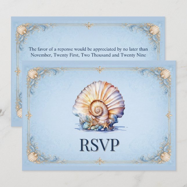 Invitation Thème de mariage de luxe coquillage plage conque R (Devant / Derrière)
