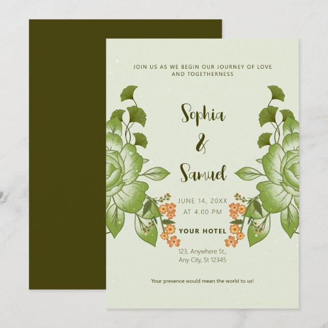 Invitation Thème de Mariage Floral Rose vert (Devant / Derrière)