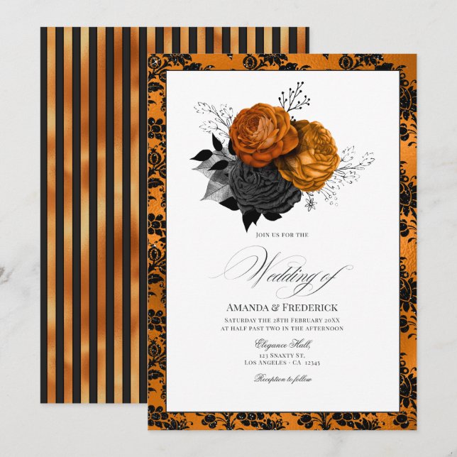 Invitation Thème de mariage gothique orange et noir élégant (Devant / Derrière)