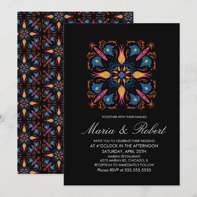 Invitation Thème de mariage indien Éléphant Floral Noir  (Devant / Derrière)