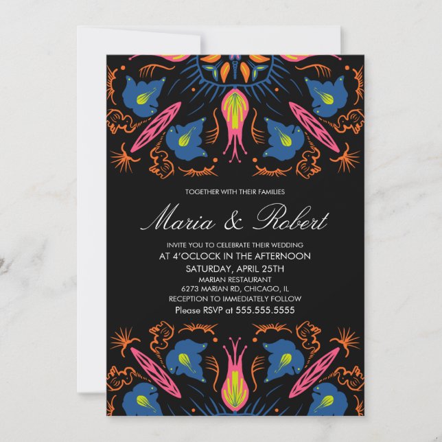 Invitation Thème de mariage indien Éléphant Floral Noir  (Devant)