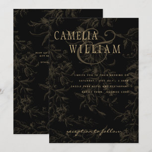 Invitation Thème de mariage noir-tie vintage damas or