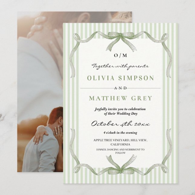 Invitation Thème de mariage sage avec ruban et rayure (Devant / Derrière)