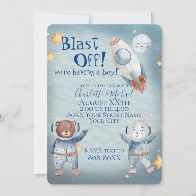 Invitation Thème de mignon animaux dans l'espace pour bébé ga (Devant)