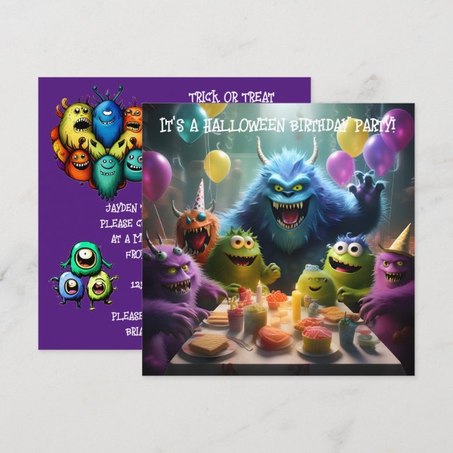 Invitation Thème de monstres pour l'anniversaire d'Halloween  (Devant / Derrière)